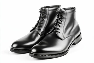 Pair black leather lace-up boots, polished shine.