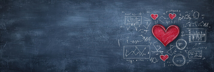 Chalkboard filled with romantic equations and red hearts, symbolizing love and passion. blend of math and emotion creates unique artistic expression