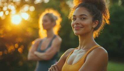 Fitness trainer assisting client with stretches outdoors, dynamic health, vibrant green background