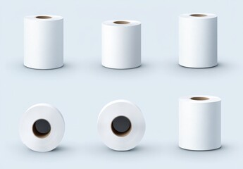 A lifelike set of toilet paper and kitchen towel pack mockups, isolated on a transparent background. A 3D modern illustration featuring soft white hygiene tissue rolls for the bathroom, packaged in