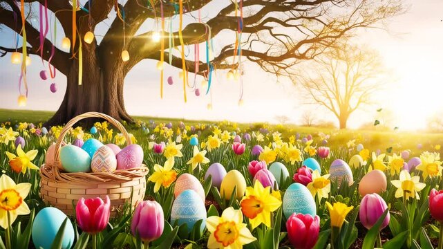 Colorful Easter egg hunt in a vibrant floral garden at sunset with a basket of eggs