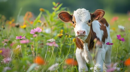Curious calf exploring a garden filled with green grass and colorful flowers