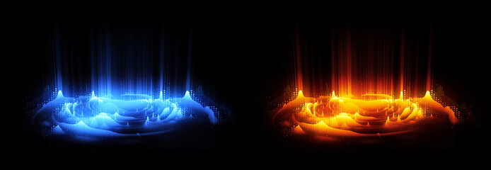 Versus round blue and red glow rays night scene. Light effect podium. .Beam stage. Magic fantasy portal. Futuristic teleport. Vivid curls. Versus battle