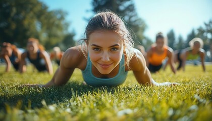 Friends doing group pushups on a grassy field, energetic and collaborative fitness, vibrant tones