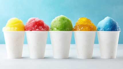 Colorful snow cones in white cups against a light backdrop, showcasing vibrant flavors ideal for summer treats.