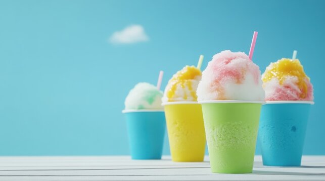 Colorful snow cones in vibrant cups against a bright blue background, evoking a fun and refreshing summer vibe.
