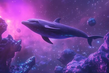 Wide-angle view of a playful dolphin exploring a vibrant, glowing asteroid field, stars twinkling above