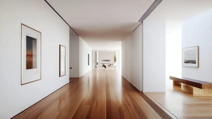 Modern Minimalist Interior with Wooden Flooring and Artworks on Display in Bright, Spacious Hallway of Stylish Contemporary Home