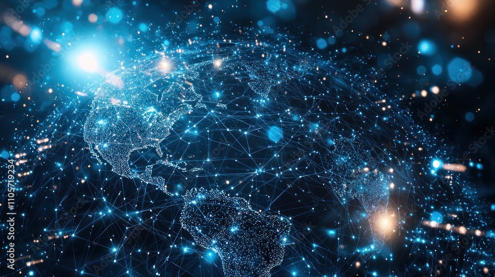 Poster a digital rendering of the earth surrounded by a glowing network of connections, symbolizing global 