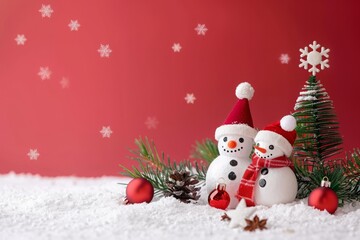 Festive minimalist Christmas scene with a couple of snowmen, a pine tree, and ornaments set against a vivid red background