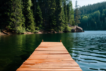 Obraz premium A wooden dock sits on a lake, with trees in the background