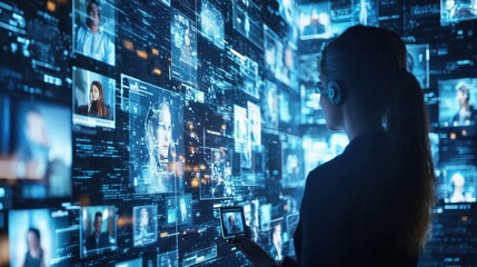 A digital workspace with people interacting via video calls and collaborative software.