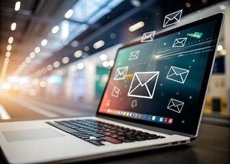 Photo 3D Laptop Render: Email Marketing Concept Flying envelopes and letters.
