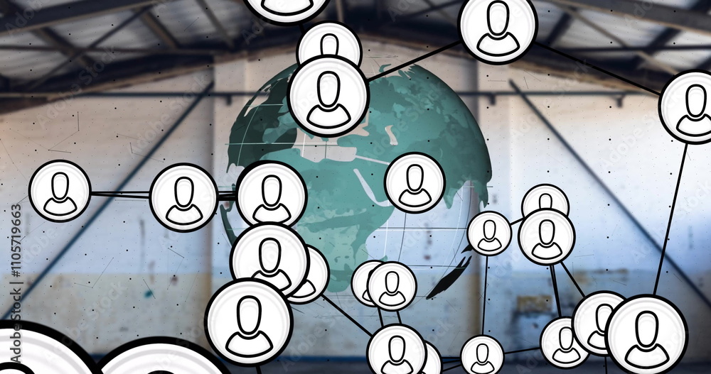 Poster image of data processing and network of connections with icons over globe