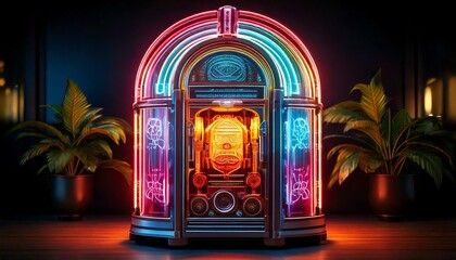 Cyberpunk style neon jukebox with blue pink and magenta colors