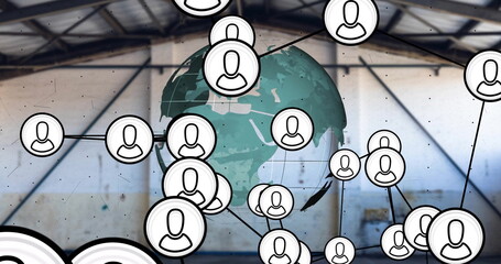 Image of data processing and network of connections with icons over globe