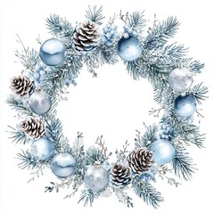 Elegant winter wreath with pinecones and silver ornaments.