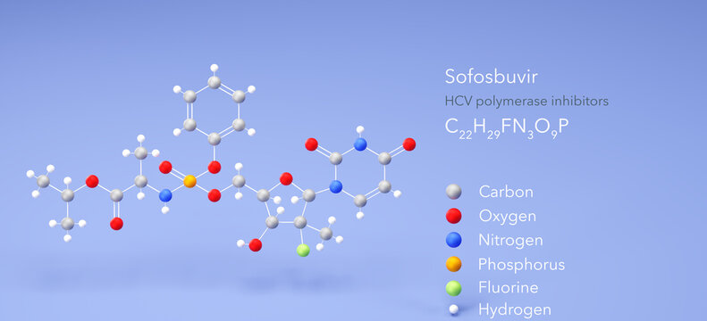 sofosbuvir molecule, molecular structure, antiviral medication, 3d model, Structural Chemical Formula and Atoms with Color Coding