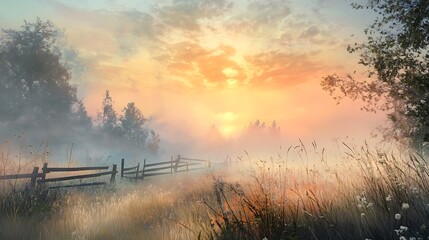 A sunrise over a foggy meadow with a wooden fence and tall grass