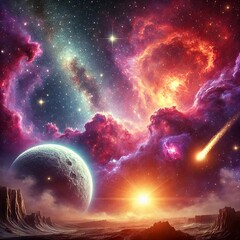 Obraz premium An awe-inspiring cosmic scene featuring a massive glowing nebula in vibrant shades of orange, pink, and purple, with a distant star cluster sparkling