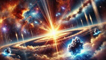 An expansive cosmic vista featuring a glowing supernova explosion at its center, casting vibrant rays of orange, yellow, and white light