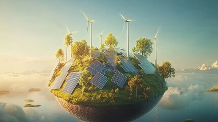 Obraz premium Floating renewable energy habitat, glowing streams of energy with green terrain