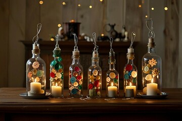 Handmade eco-friendly Christmas decorations made from natural materials like wood, buttons, glass, twine, pine cones,candles, seashells and cinnamon sticks, adding charm to holiday celebrations.