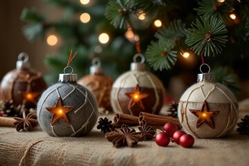 Handmade eco-friendly Christmas decorations made from natural materials like wood, buttons, glass, twine, pine cones,candles, seashells and cinnamon sticks, adding charm to holiday celebrations.