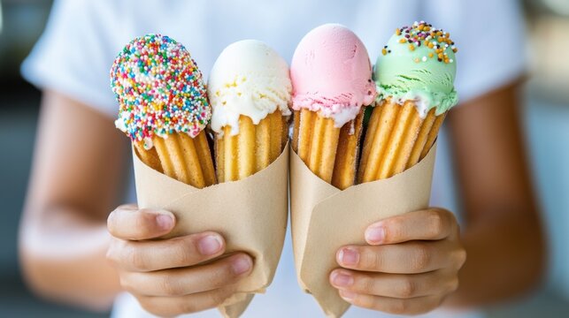 A person holds four ice cream cones topped with colorful sprinkles, showcasing a variety of flavors in a playful and inviting manner.