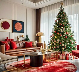 Ai generated modern living room decoration for Christmas and New Year, lots of aesthetic decorations around it