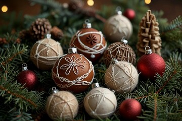 Handmade eco-friendly Christmas decorations made from natural materials like wood, buttons, glass, twine, pine cones,candles, seashells and cinnamon sticks, adding charm to holiday celebrations.