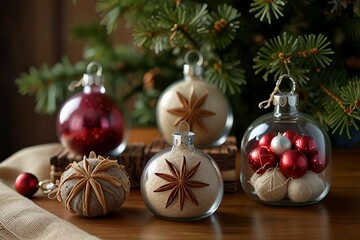 Handmade eco-friendly Christmas decorations made from natural materials like wood, buttons, glass, twine, pine cones,candles, seashells and cinnamon sticks, adding charm to holiday celebrations.
