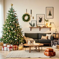 Obraz premium Ai generated modern living room decoration for Christmas and New Year, lots of aesthetic decorations around it