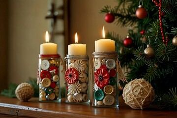 Handmade eco-friendly Christmas decorations made from natural materials like wood, buttons, glass, twine, pine cones,candles, seashells and cinnamon sticks, adding charm to holiday celebrations.