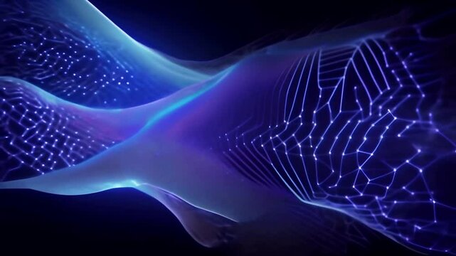 Animation of a flowing neural network, with glowing nodes connecting and disconnecting in a smooth and rhythmic pattern