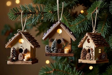 Handmade eco-friendly Christmas decorations made from natural materials like wood, buttons, glass, twine, pine cones,candles, seashells and cinnamon sticks, adding charm to holiday celebrations.