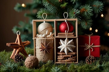 Handmade eco-friendly Christmas decorations made from natural materials like wood, buttons, glass, twine, pine cones,candles, seashells and cinnamon sticks, adding charm to holiday celebrations.
