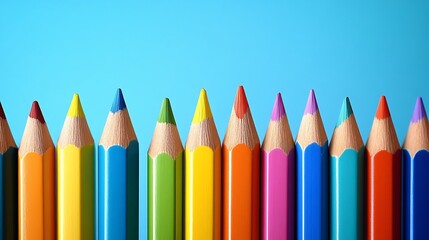 Colorful sharpened colored pencils arranged in a row against a light blue background.