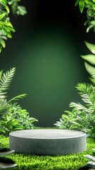 A close-up of an empty podium surrounded by plants and grass, with a green screen backdrop.