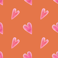 Hearts watercolor orange background. Seamless hand drawn pattern with pink hearts illustration for valentines day wrapping paper, wallpapers, holidays textile, fabric