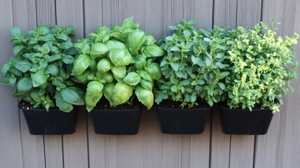 Fresh Culinary Herbs in Pots against a Wood Wall, Featuring Basil, Oregano, Thyme, and Mint, Ideal for Cooking, Gardening, and Home Decor