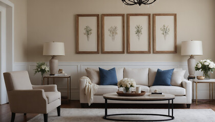 A modern living room with an off-white sofa against an off-white colour wall featuring poster frames in wooden frame borders 3d illustration template. Empty frame mock-up template.