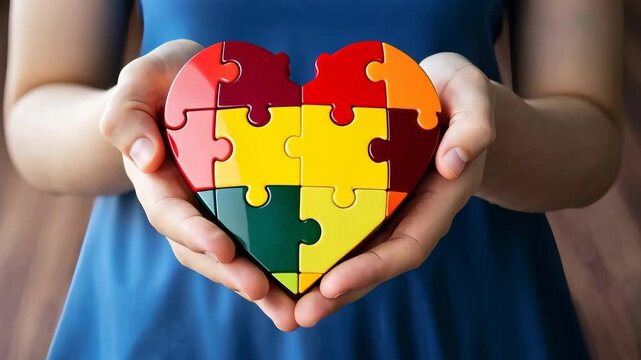 Woman holding colorful heart shaped puzzle in hands. World autism awareness day concept.