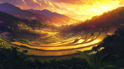 Fotobehang Rijstvelden A panoramic view of terraced rice fields glowing in the golden light of evening  © Klong