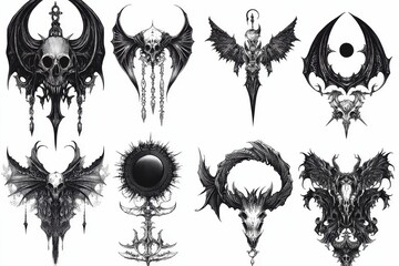 Nine dark, winged skull designs; ink drawings.
