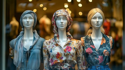 Fototapeta premium Three Mannequins Displaying Summer Fashion Apparel