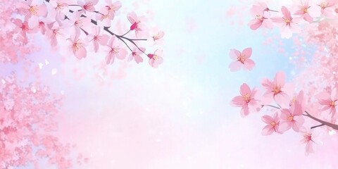 Fototapeta premium Cherry blossoms, a pastel pink and blue background, a banner with a copy space area.