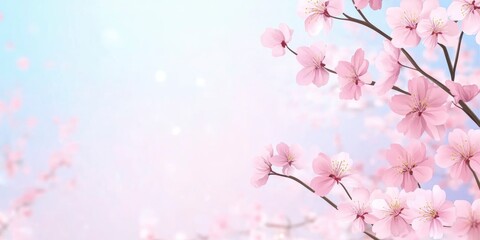 Fototapeta premium Cherry blossoms, a pastel pink and blue background, a banner with a copy space area.