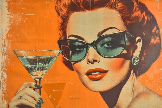A retro-style drawing of a woman with a cocktail.