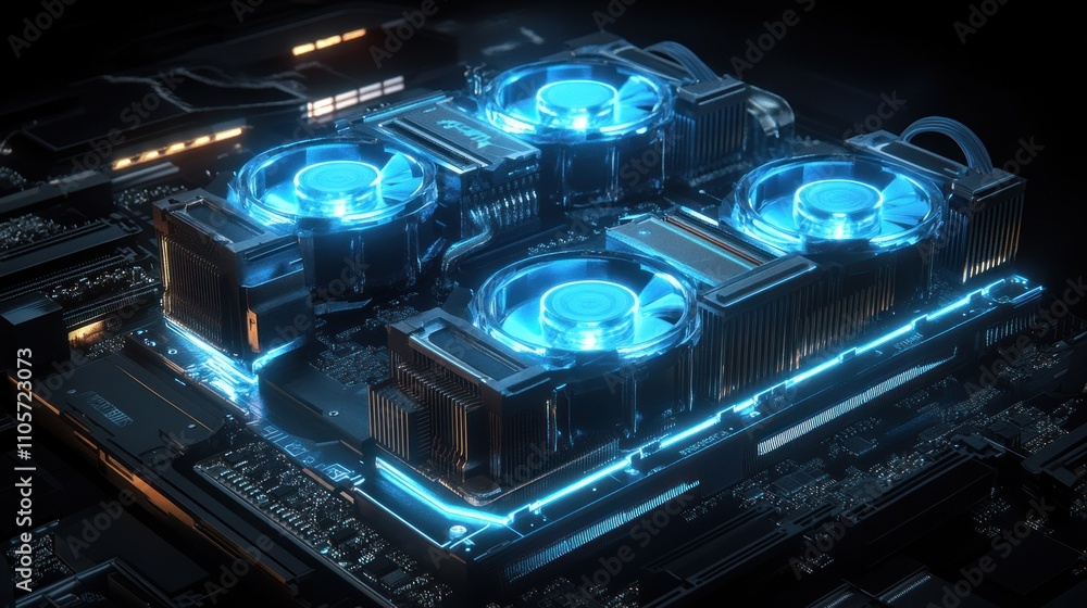 Poster high-tech cooling system with neon led lights on a modern computer motherboard, showcasing advanced 